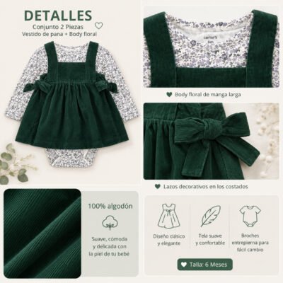Vestido Carter's para Bebé Niña | Vestido de Pana Verde con Body Floral | 6 Meses