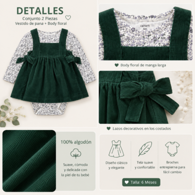 Vestido Carter's para Bebé Niña | Vestido de Pana Verde con Body Floral | 6 Meses