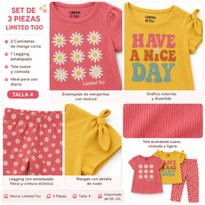 2026/07/1000136405.png Set de 3 Piezas Limited Too para Niña Talla 4 – Camisetas y Leggings con Flores