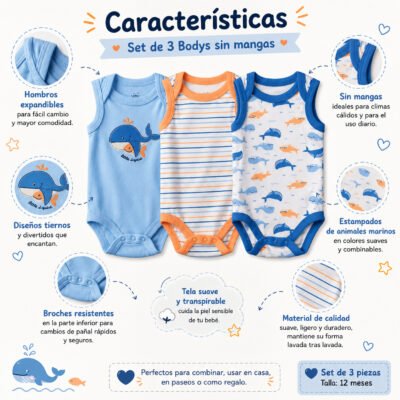 Set de 3 Bodys Sin Mangas Millie & Miles® para Bebé Niño – 0-3 Meses