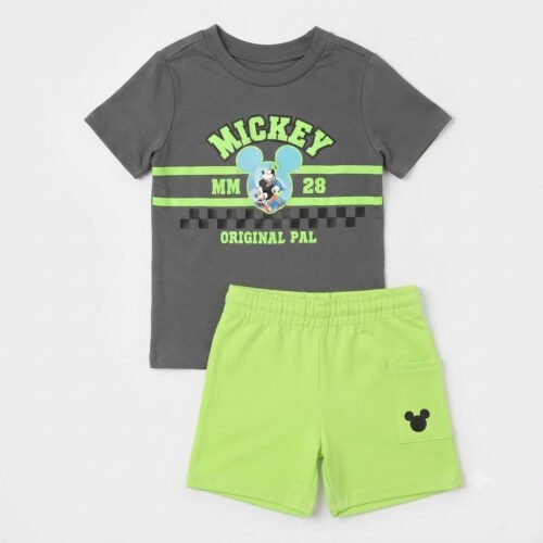 Conjunto Disney Mickey Mouse para Niño 3T | Camiseta Gris y Short Verde Neón