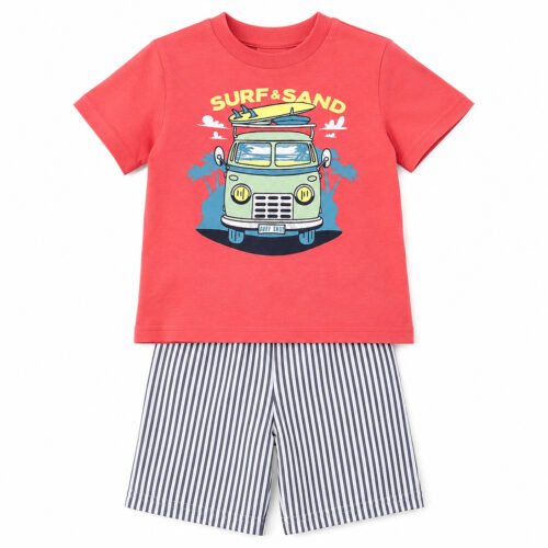 Conjunto Mick Mack para Niño | Camiseta Coral y Short a Rayas | Talla 3T
