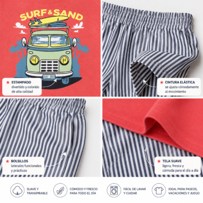 Conjunto Mick Mack para Niño | Camiseta Coral y Short a Rayas | Talla 3T