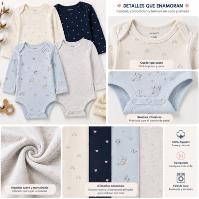 Set de 4 Bodys Carter's para Bebita 12 Meses