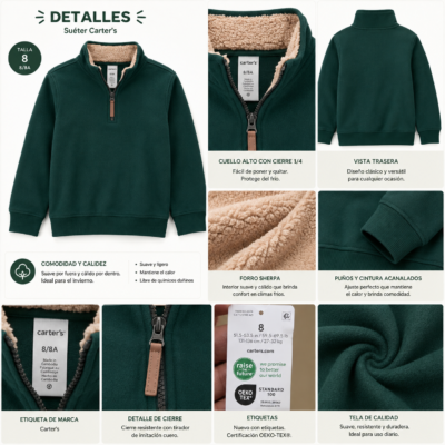 Suéter Polar Carter's Niño Verde con Forro Sherpa y Cierre 1/4 – Talla 8