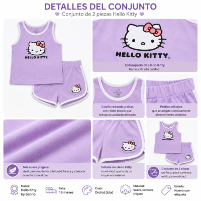 Conjunto Hello Kitty para niña 2 piezas lila con short | Talla 18 meses