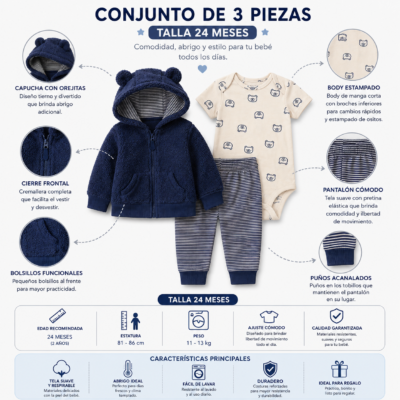 Conjunto de 3 Piezas para Bebé con Capucha – Carter’s 24 Meses