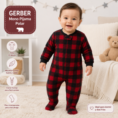 2026/08/1014476.png Mono Pijama Gerber para Bebé 12 Meses – Polar Rojo y Negro de Cuadros