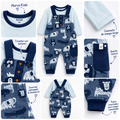Conjunto Kiabi para Bebé Niño 9 Meses – Overol con Estampado de Dinosaurios