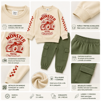 Conjunto Next para Niño 2-3 Años – Buzo Monster Truck y Pantalón Cargo