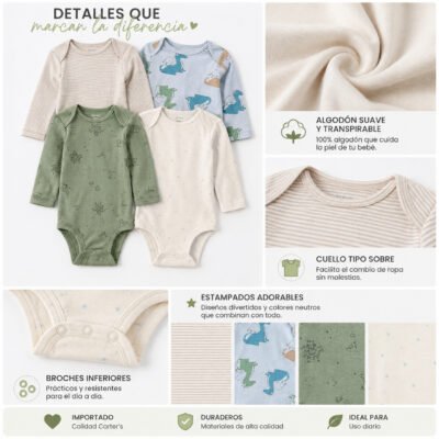 Set de 4 Bodys Carter's Manga Larga