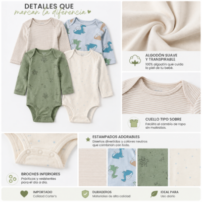 Set de 4 Bodys Carter's Manga Larga | 24 Meses