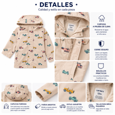 Chaqueta Impermeable Carter’s para Bebé 12 Meses – Estampado de Vehículos