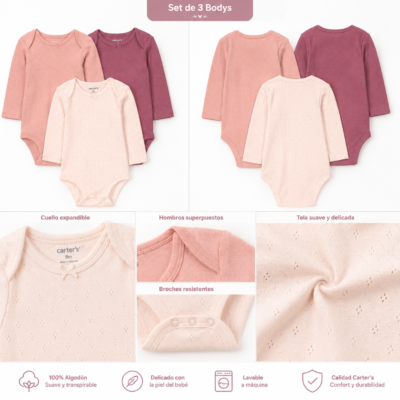 Set de 3 Bodys Carter’s para Bebita 12 Meses – Manga Larga