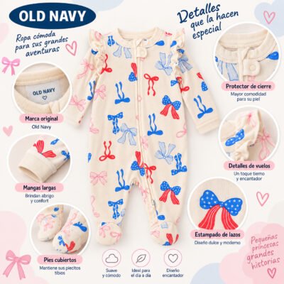 Enterizo Old Navy para bebé color crema con estampado de lazos y volantes