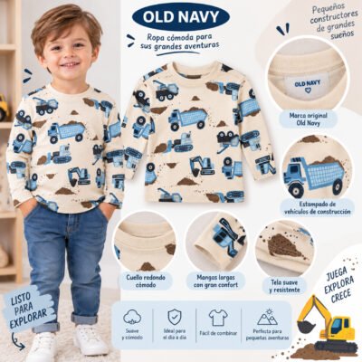 Buso Old Navy de manga larga para niño con estampado de vehículos de construcción