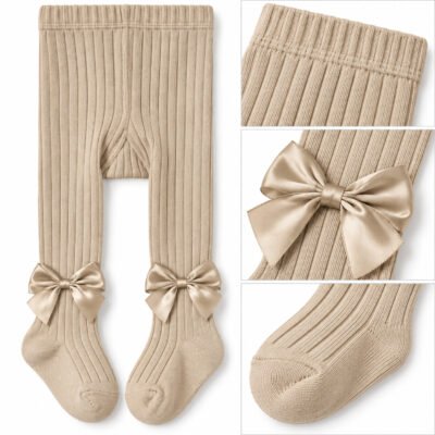 Panty medias para niña color beige con moños decorativos