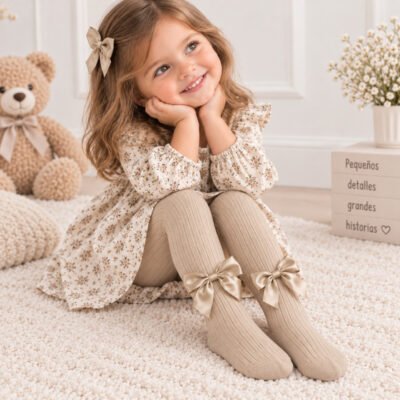 Panty medias para niña color beige con moños decorativos