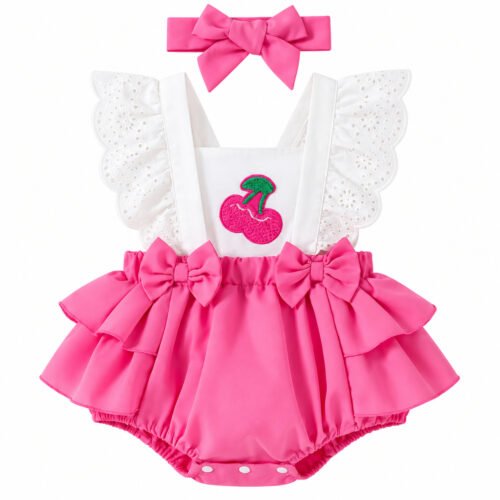 2026/09/1000162764.jpg Mameluco para Bebé Niña con Volantes, Lazos y Detalle de Cerezas con Cinta a Juego