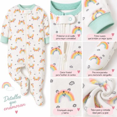 Mono Gerber para Bebé con Estampado de Arcoíris y Detalles Verde Menta