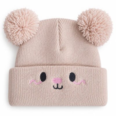 2026/09/1000162968.jpg Gorrito Tejido Rosa Palo con Pompones y Carita Tierna
