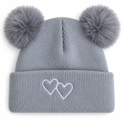 Gorrito Tejido Gris con Pompones y Corazones