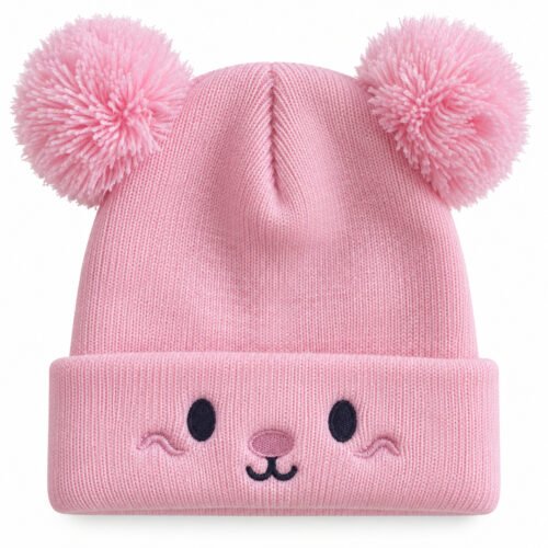 2026/09/1000162997.jpg Gorrito Tejido Rosa con Pompones y Carita Tierna
