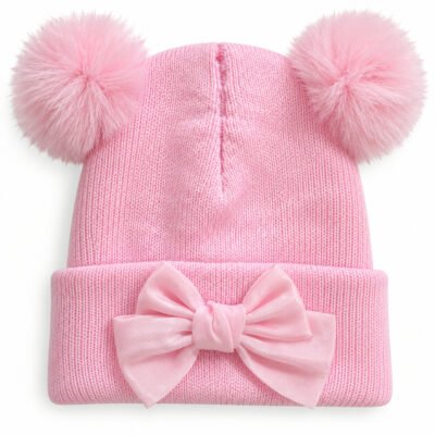2026/09/1000162999.jpg Gorrito Tejido Rosa con Pompones y Moño