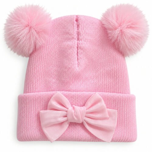 2026/09/1000162999.jpg Gorrito Tejido Rosa con Pompones y Moño