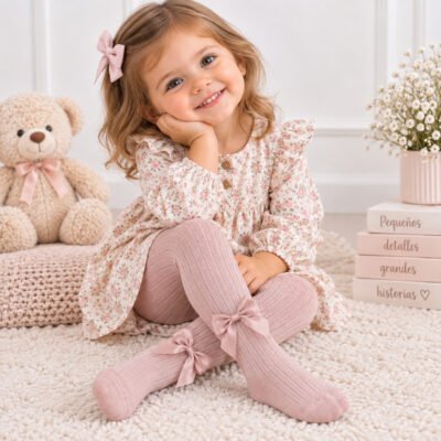 Panty medias para niña color palo rosa con moños decorativos