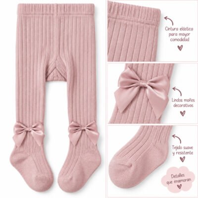 Panty medias para niña color palo rosa con moños decorativos