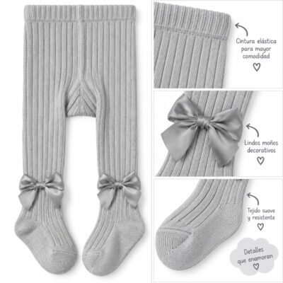 Panty medias para niña color Gris con moños decorativos