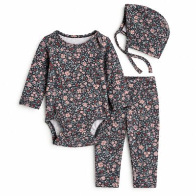 Set de 3 Piezas Floral para Bebé Niña con Body, Leggings y Gorro