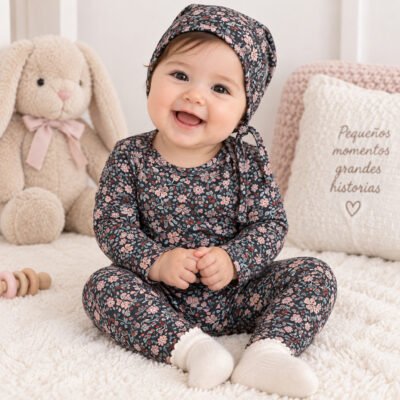 Set de 3 Piezas Floral para Bebé Niña con Body, Leggings y Gorro
