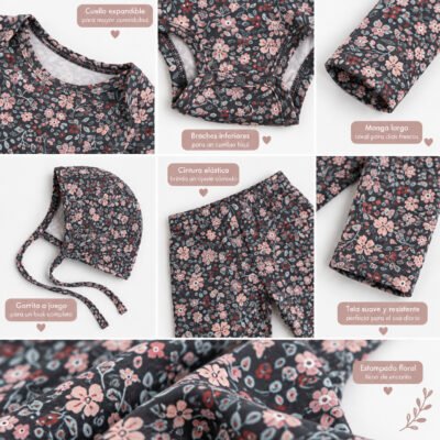 Set de 3 Piezas Floral para Bebé Niña con Body, Leggings y Gorro