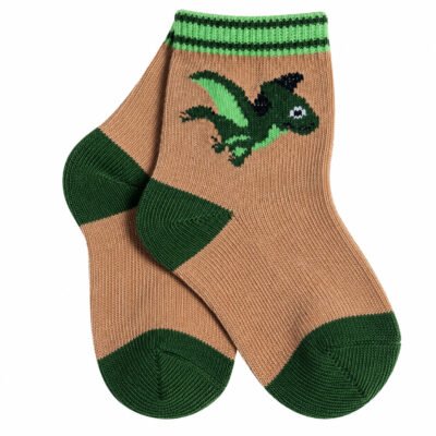 Medias Infantiles con Dinosaurio Verde y Detalles Café
