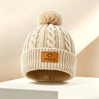 Gorro Tejido Infantil con Pompón – Beige