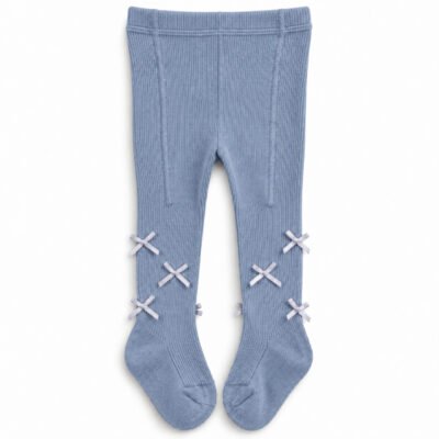 Medias Panty Acanaladas Azul con Lazos Satinados para Bebé