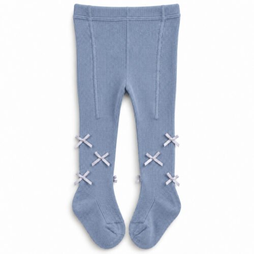 Medias Panty Acanaladas Azul con Lazos Satinados para Bebé